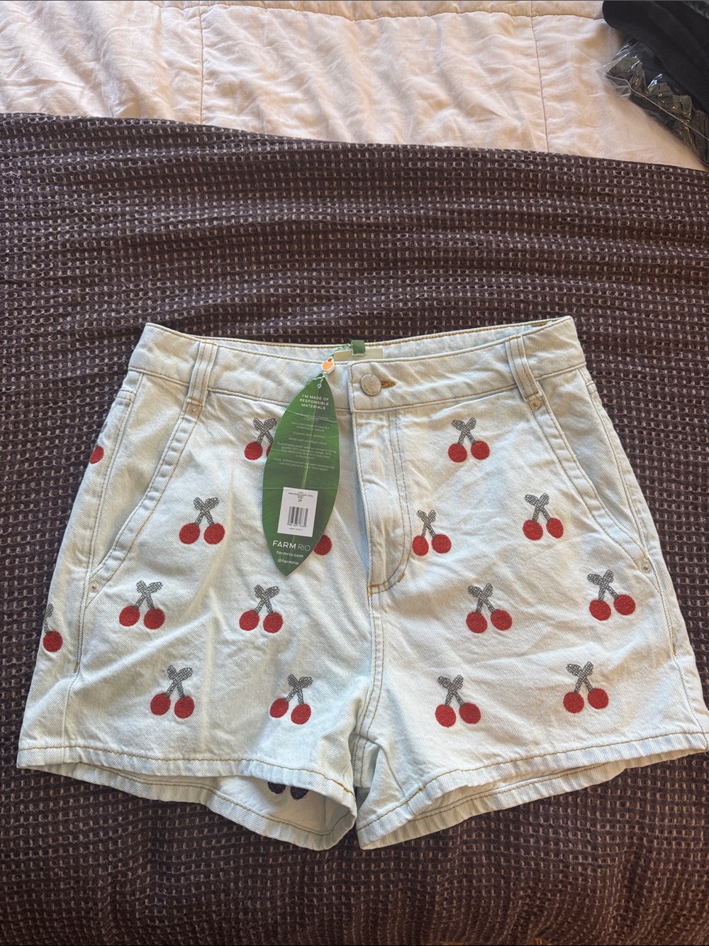 FARM Rio Light Cream Jean Shorts with Red Cherry Print